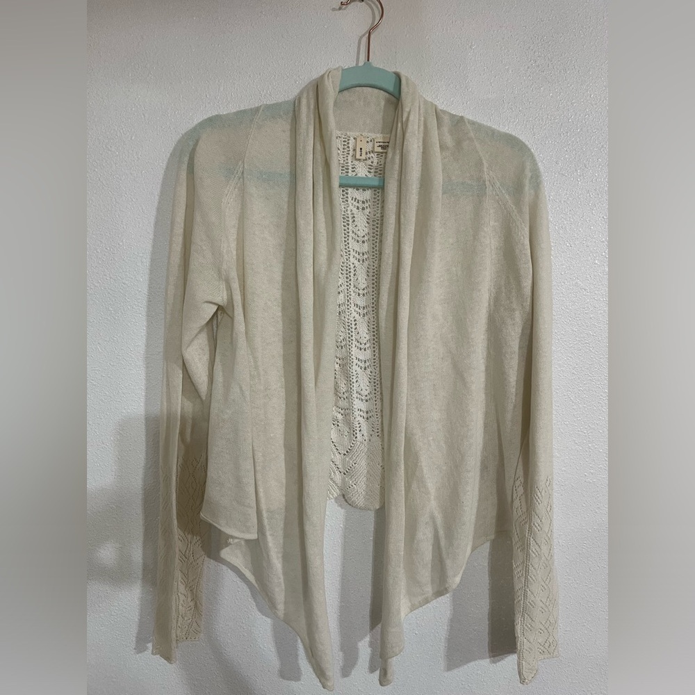 Anthropology, moth open waterfall cardigan, Sz MP crochet back, linen blend bone